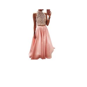 Alyce Paris - Two Piece Prom Dress (Size‎ 4, Pink) - Lace Beaded Halter Gown